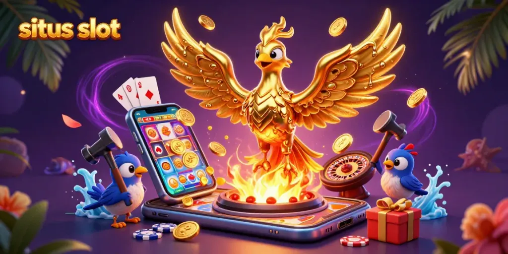 Experience exciting winnings at situs slot with a 3D golden phoenix and dynamic gaming elements.