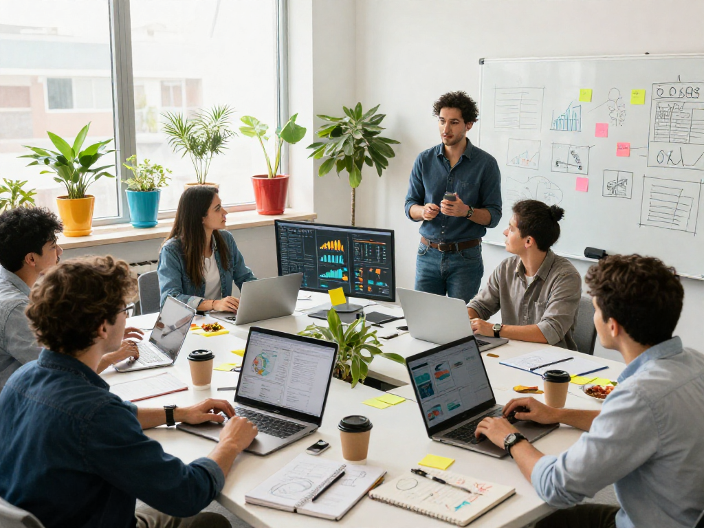 Collaborative business team using debet to drive innovative strategies in a modern office.