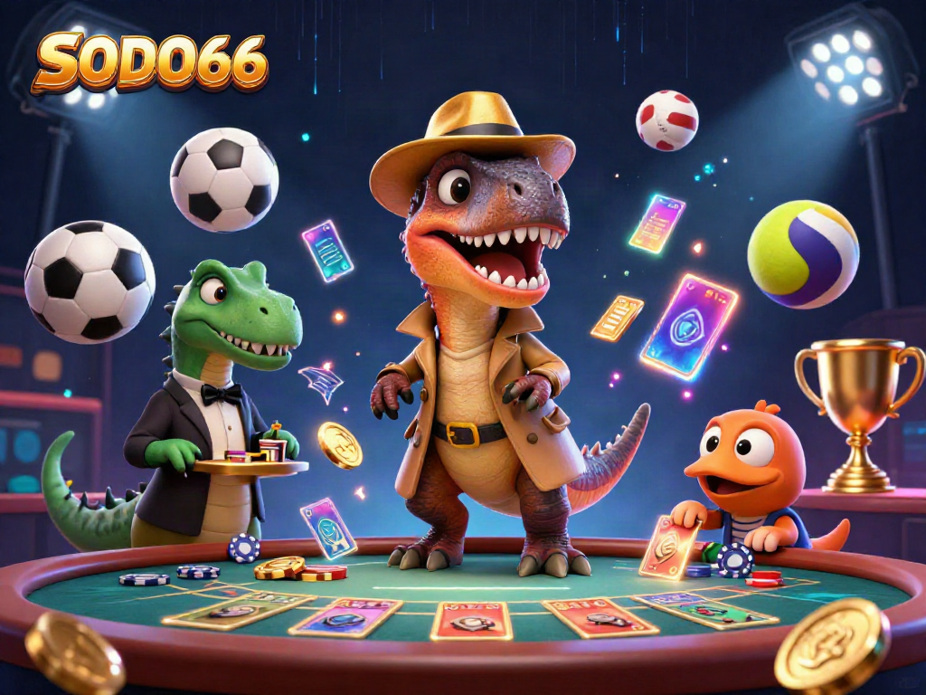 SODO66's vibrant casino scene featuring a velociraptor card counter, stegosaurus pit boss, and a compy pickpocket, embodying excitement and strategy in gambling.