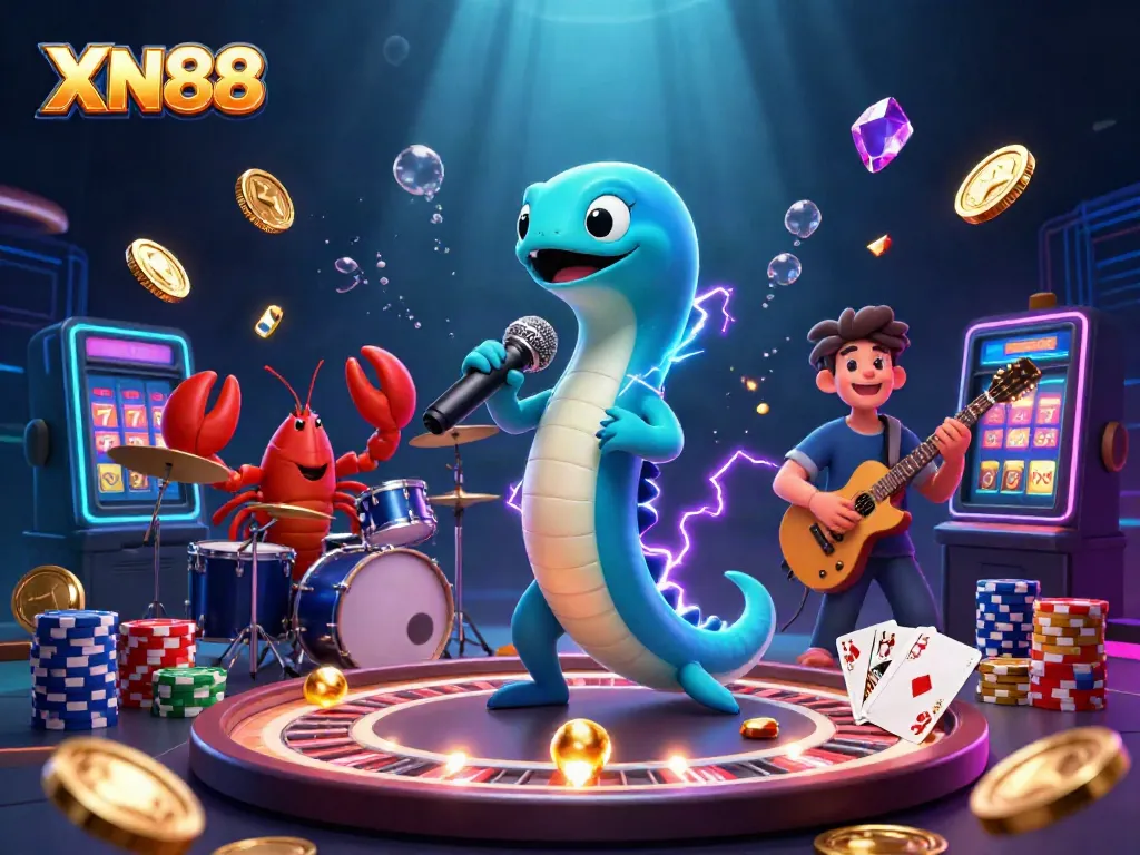 Experience thrilling entertainment at XN88 with electric eel DJ and casino action in a dazzling underwater scene.