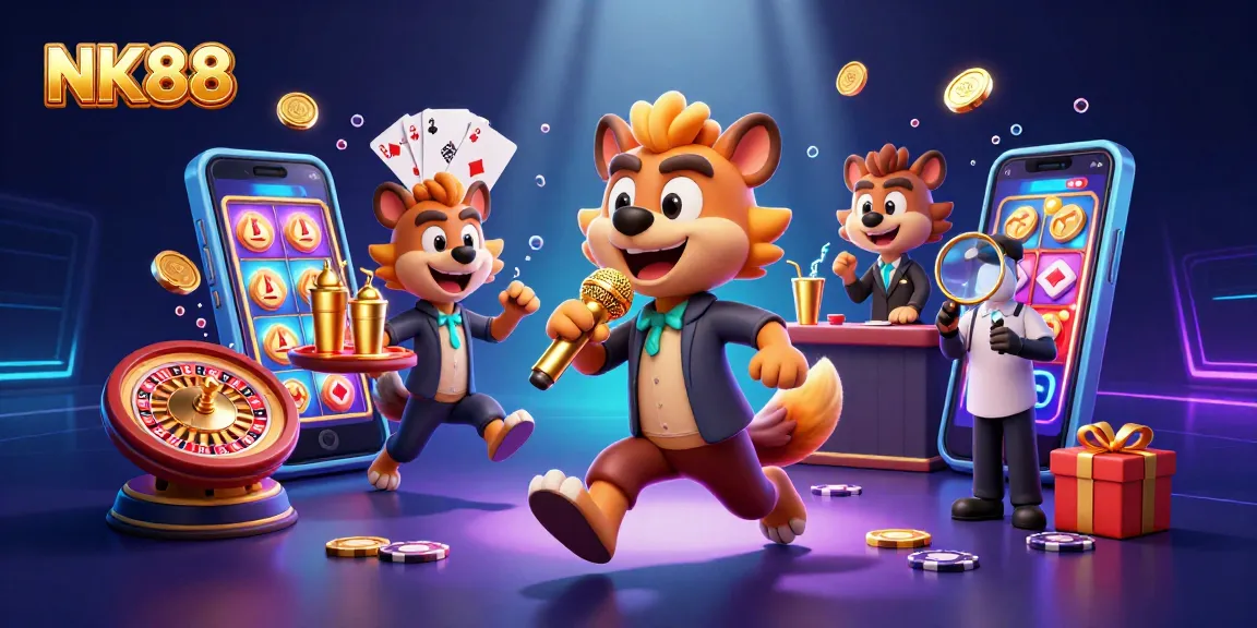 Experience the thrilling gameplay at NK88 with vibrant slot games, a bustling casino environment, and exciting characters.