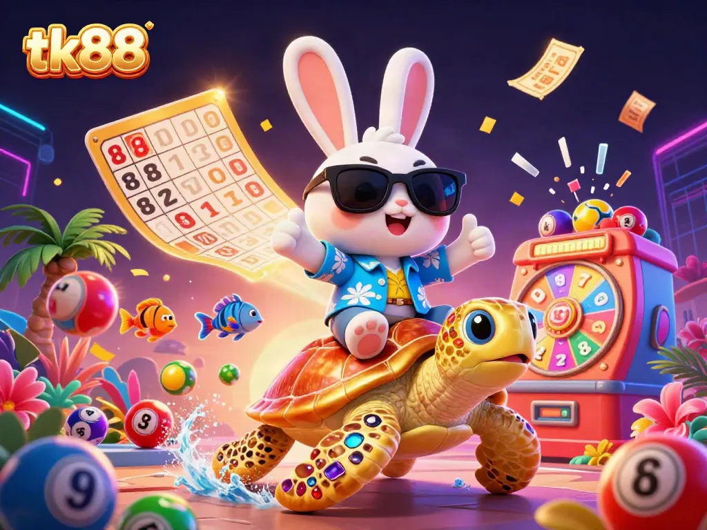 Join the fun with tk88 as a lucky rabbit and golden turtle celebrate exciting lottery games in a vibrant casino scene.