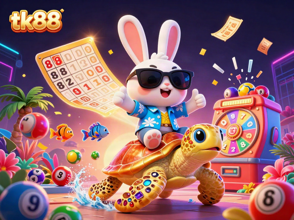 Join the fun with tk88 as a lucky rabbit and golden turtle celebrate exciting lottery games in a vibrant casino scene.