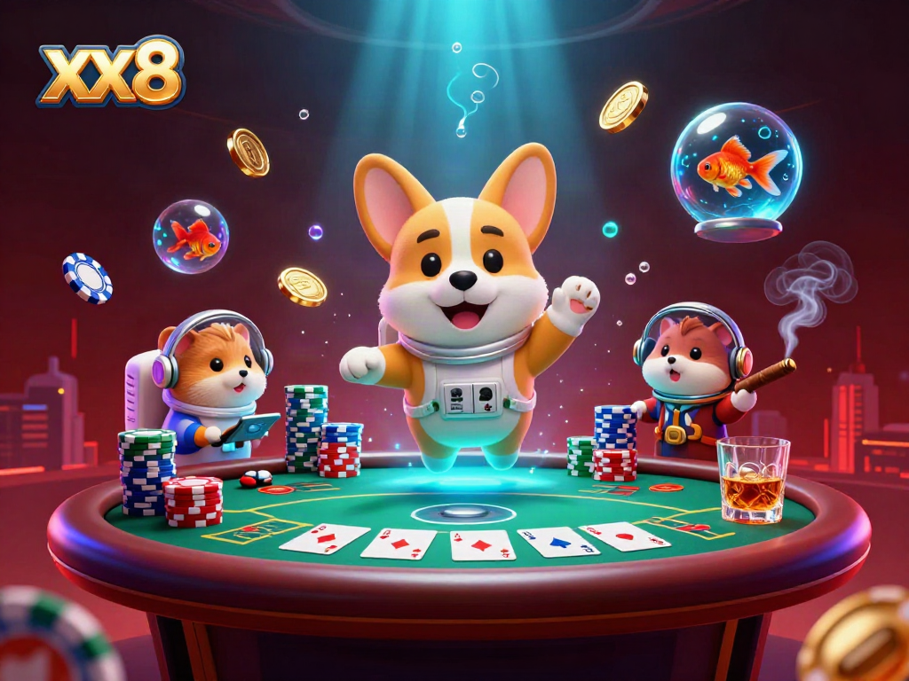 Experience the excitement of xx8 in a space casino with a floating corgi and vibrant game elements.