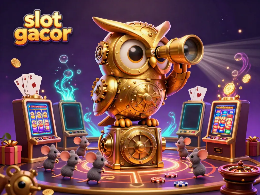 Experience exciting slot gacor adventures with a golden owl scanning a vibrant casino floor.