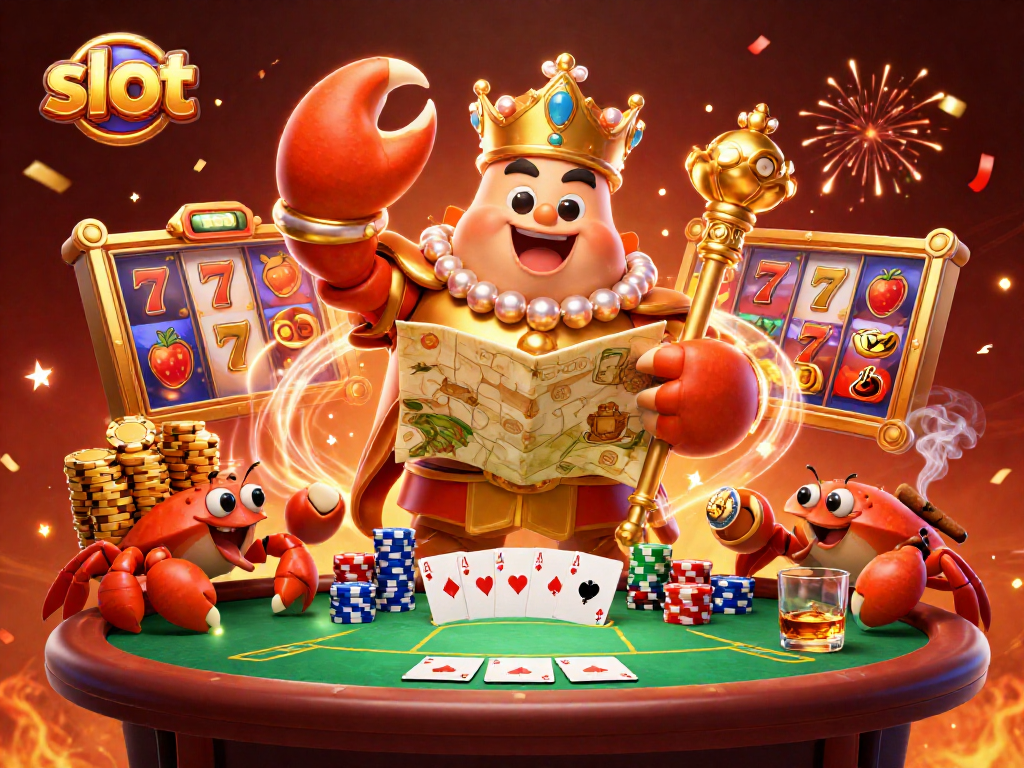 Spin the reels at a vibrant slot scene featuring a golden crab emperor and treasures.