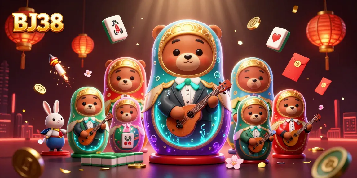 Experience thrilling gameplay with BJ38 showcasing 3D cartoon dealers and casino elements in a vibrant scene.