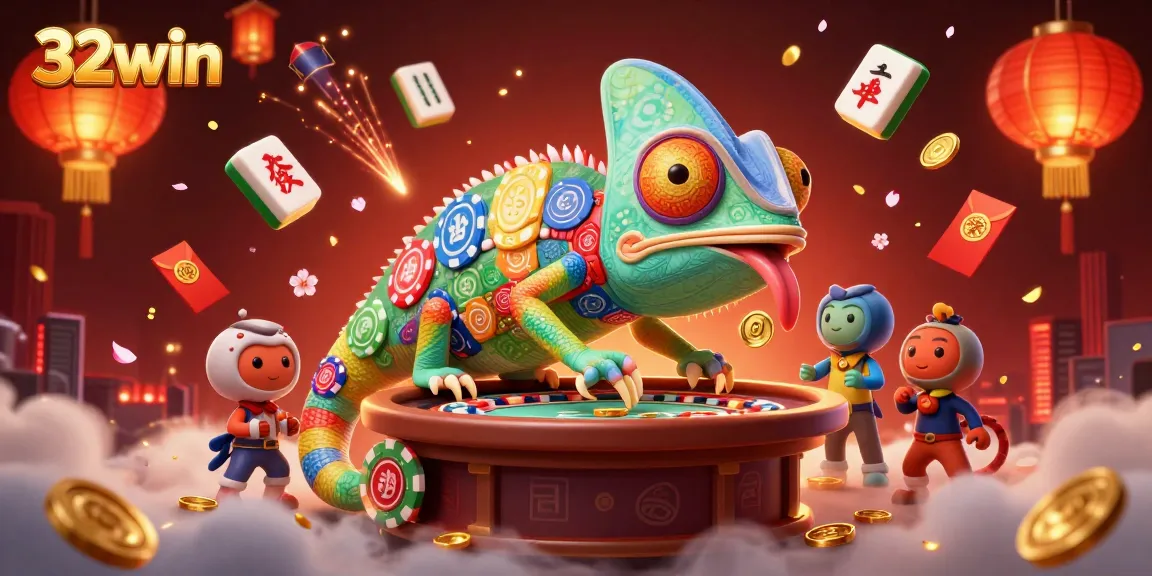Experience thrilling gameplay at 32win with a dynamic illustration showcasing casino excitement and vibrant characters.