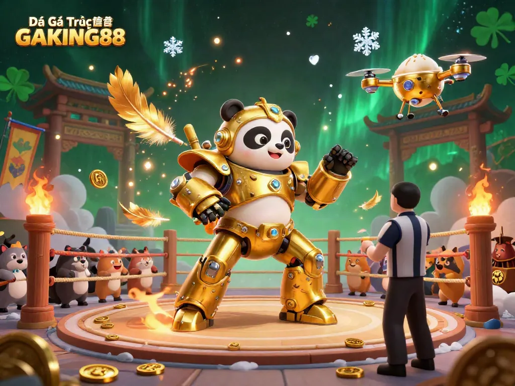 Engage with Đá Gà Trực Tiếp GAKING88 through a dynamic 3D illustration showcasing a golden panda piloting a bamboo fighting robot.