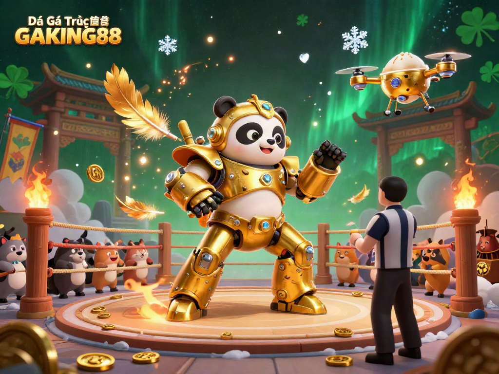 Engage with Đá Gà Trực Tiếp GAKING88 through a dynamic 3D illustration showcasing a golden panda piloting a bamboo fighting robot.
