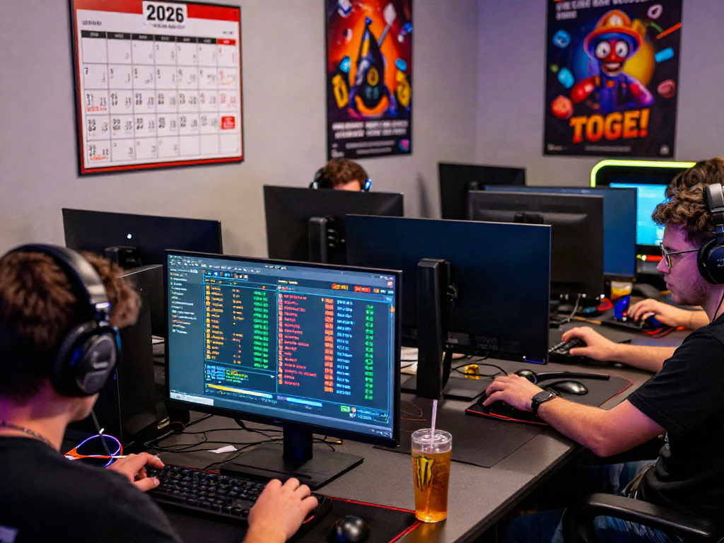 Online gaming excitement with amanahtoto players participating in Togel, colorful screens, and vibrant atmosphere.