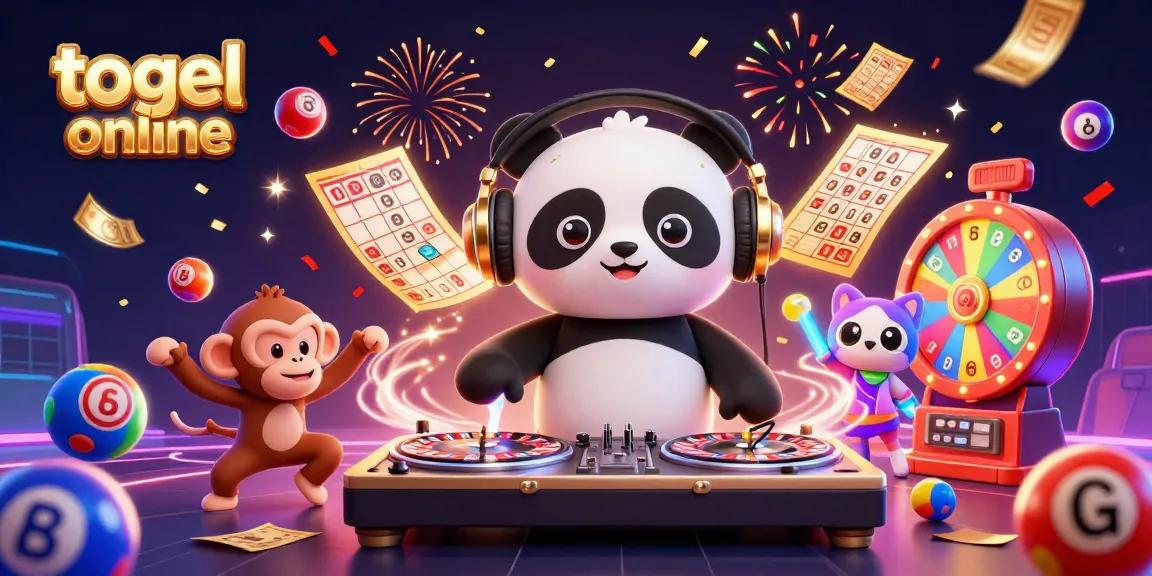 Experience the thrill of togel online with our lively 3D illustration featuring a DJ panda, dancing monkey, and rave kitten.