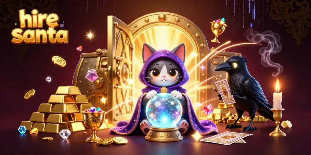 Hire Santa at a vibrant casino, surrounded by treasure and mystical characters, immersing in winning strategies.