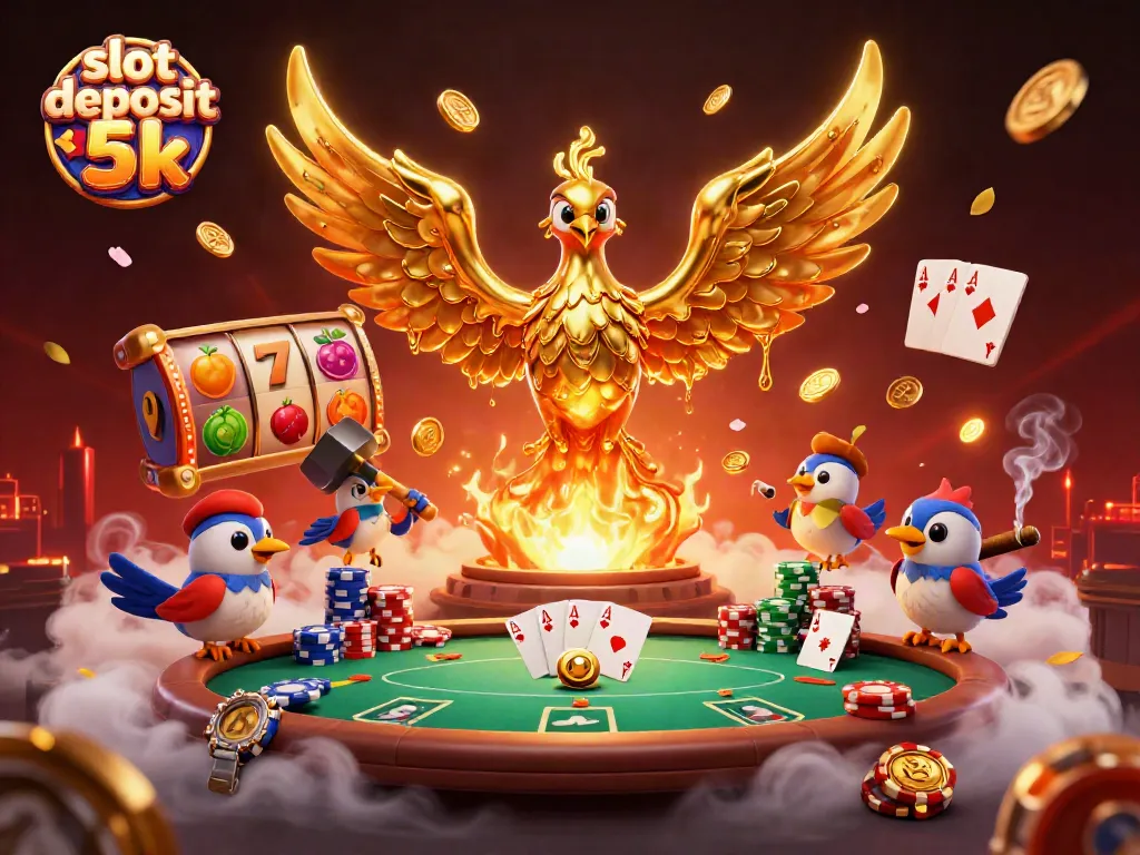 Engage with thrilling gameplay at slot deposit 5k with a phoenix rising from gold, surrounded by gaming elements.