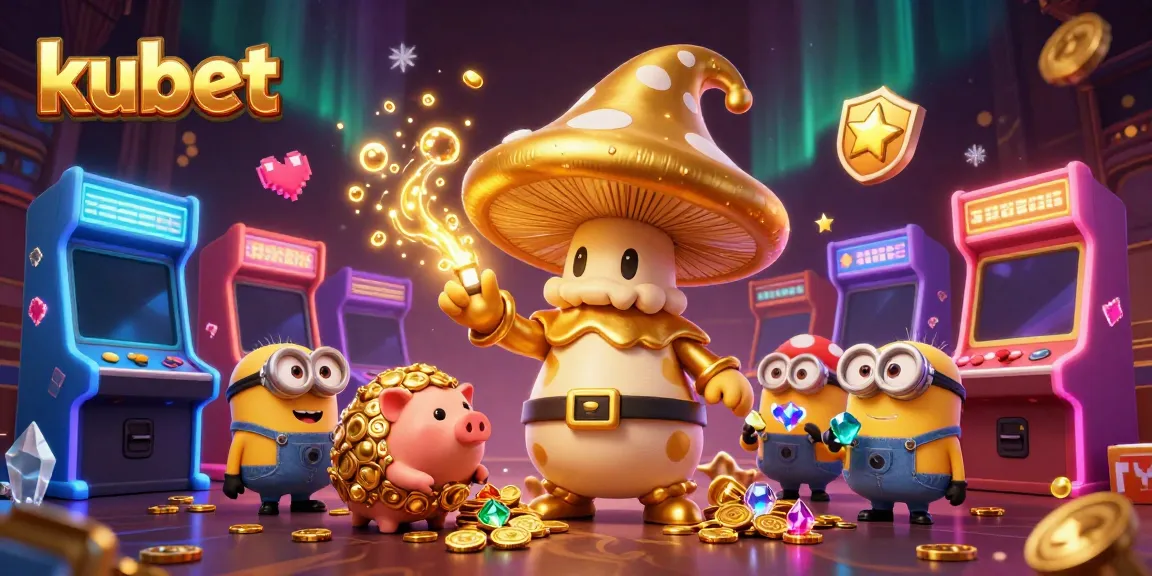 Experience kubet with a golden mushroom wizard, sparkling gems, and vibrant arcade machines in a dynamic casino scene.