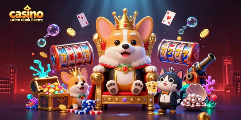 Engage in casino uden dansk licens action with a royal corgi and magical gaming elements in a vibrant underwater scene.