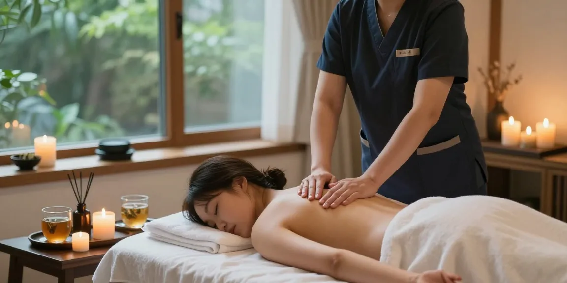 Relaxing 안양출장안마 massage therapy scene with therapist, candles, and soothing atmosphere.