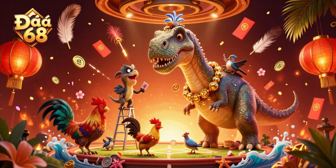 Engage in thrilling Đá Gà 68 action with a dynamic casino backdrop and vibrant 3D characters.