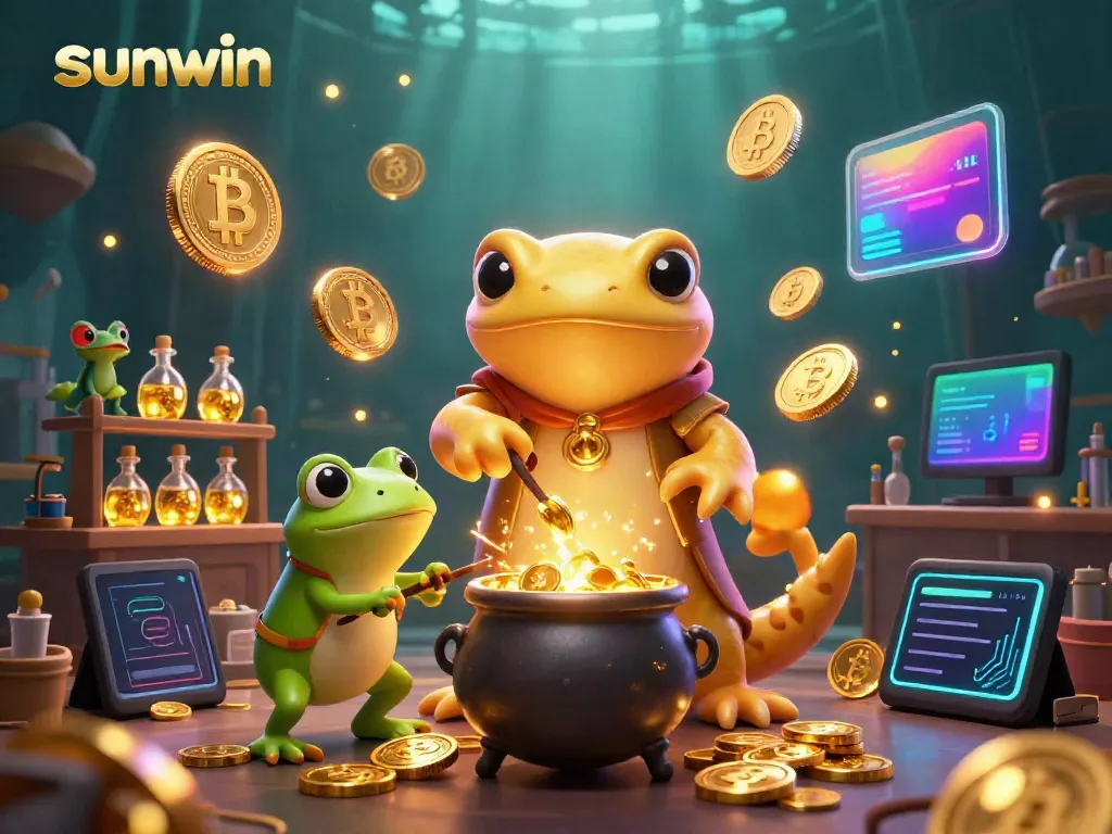 Experience the enchanting world of sunwin with golden alchemical characters and glowing crypto elements.