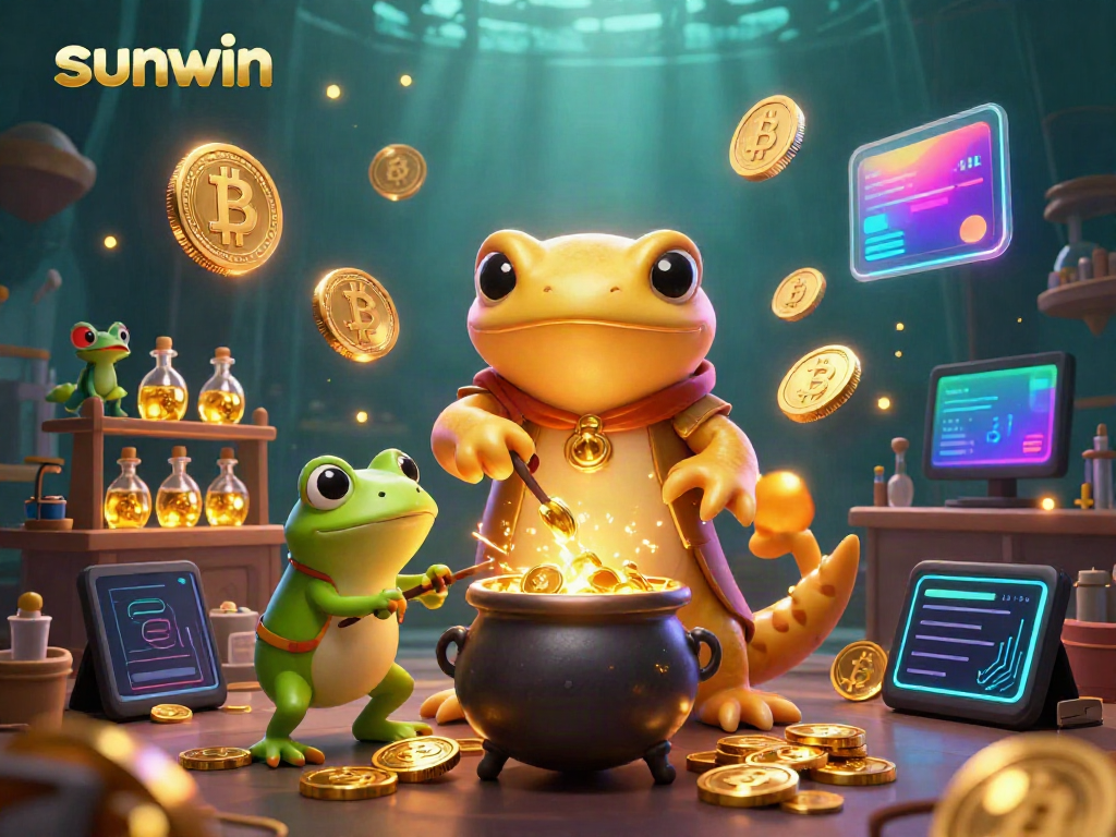 Experience the enchanting world of sunwin with golden alchemical characters and glowing crypto elements.