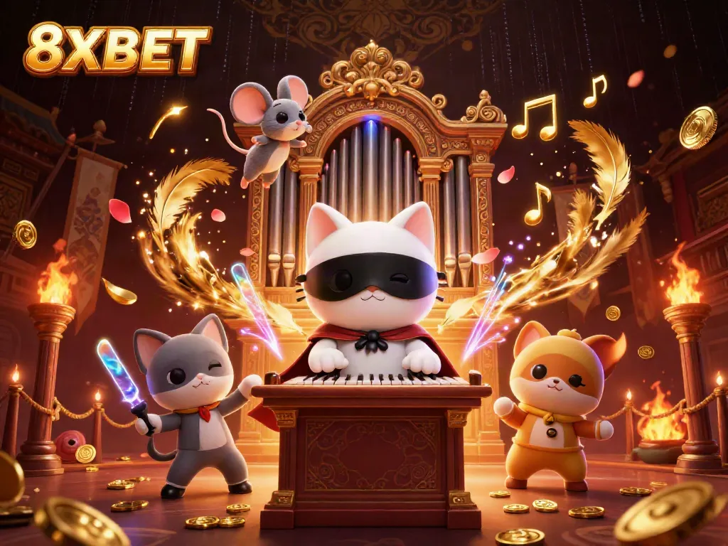 8XBET offers a vibrant casino scene showcasing a phantom cat and acrobat, immersing players in gaming excitement.