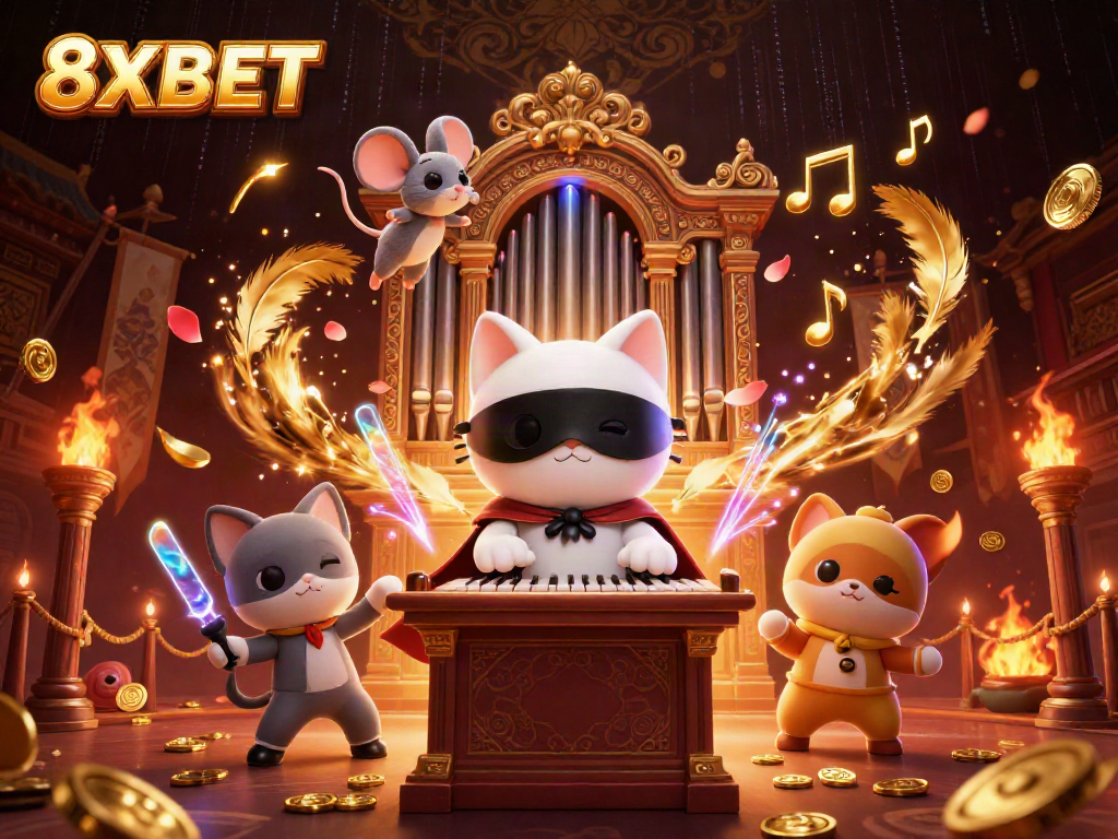 8XBET offers a vibrant casino scene showcasing a phantom cat and acrobat, immersing players in gaming excitement.