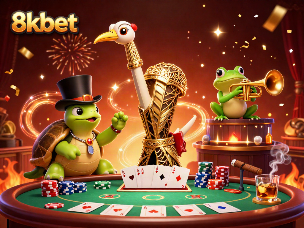 Join the excitement at 8kbet with vibrant characters celebrating a lively poker game atmosphere.