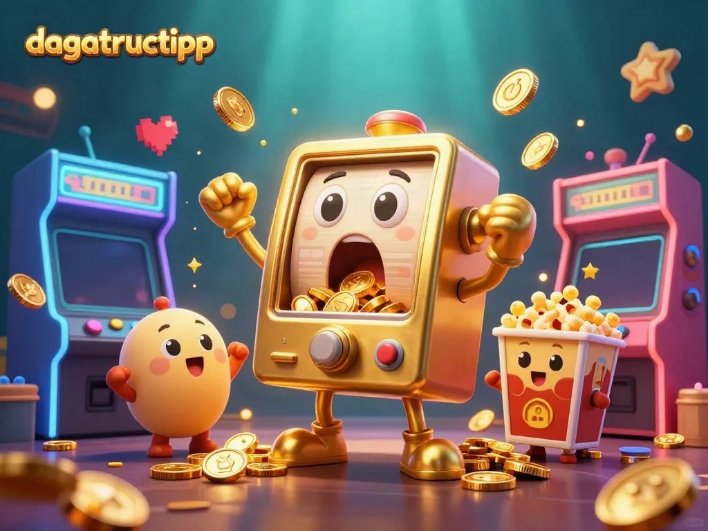 Experience the excitement at dagatructiepp as golden slot machines hit jackpots surrounded by vibrant arcade elements.