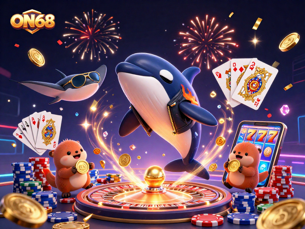 Experience the thrill of ON68 with whales, otters, and winning coins in a lively 3D casino scene.