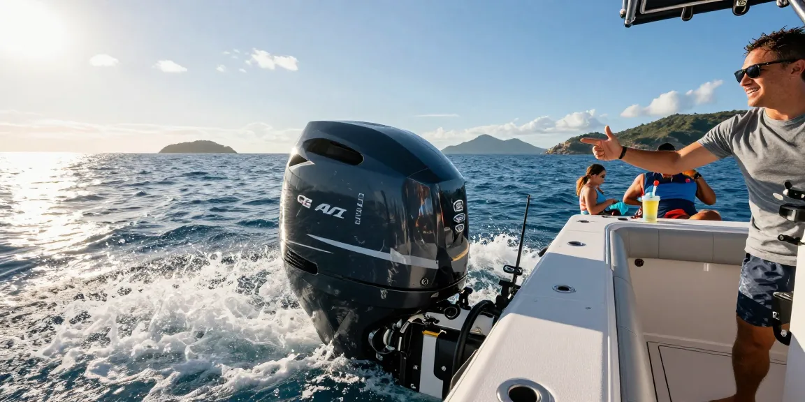 Person navigating a boat with a modern 4 stroke outboard motor, enjoying the sunny day on the water.