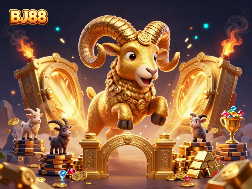 BJ88 showcases thrilling online gaming with a dynamic golden ram charging through a treasure-filled gate.