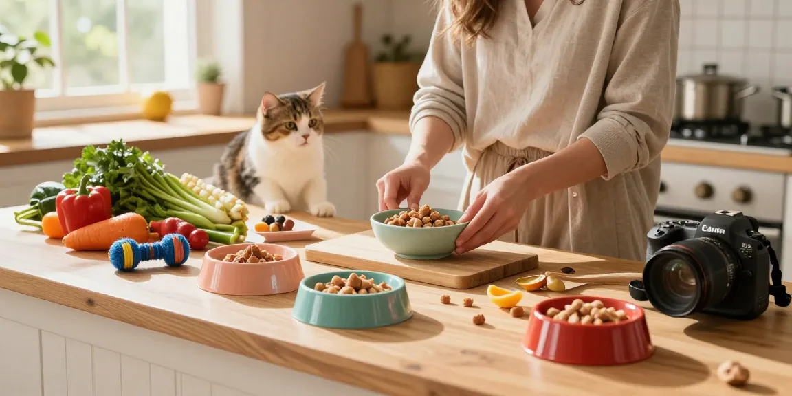 Gourmeticat official website showcases a cozy kitchen scene with a pet owner preparing gourmet food for their cat.