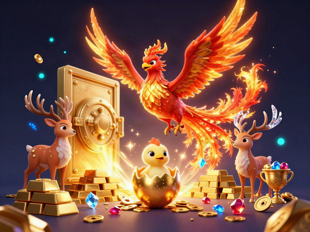 Experience thrilling wins at sunwin with a vibrant phoenix and treasures of fortune in this 3D casino illustration.
