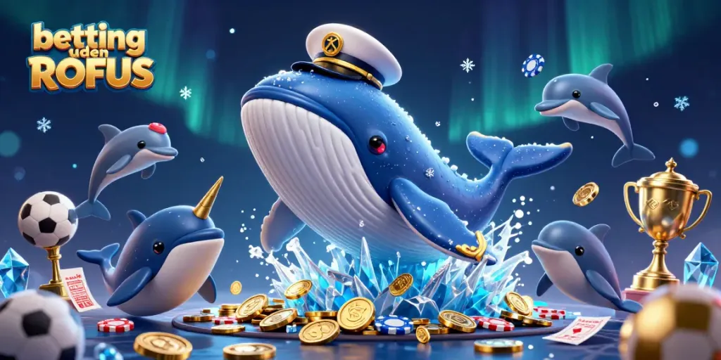 Betting uden ROFUS scene with a cartoon whale, narwhal, and dolphins surrounded by vibrant sports betting elements.