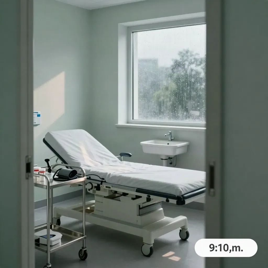 Empty consultation room with exam bed, medical tools, sink, and rain-lit window