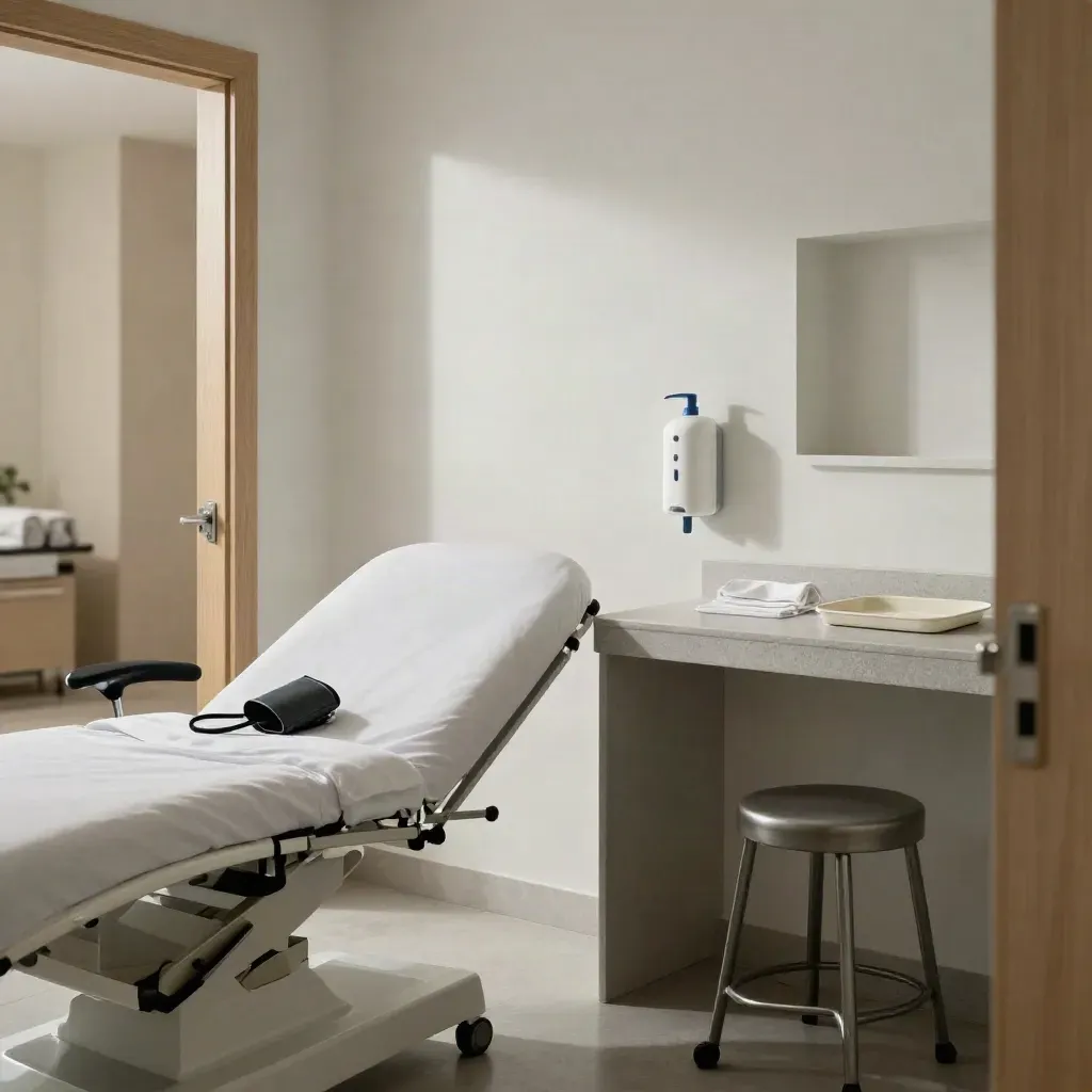 Open exam room staged for new patient intake with bed, cuff, sanitizer pump, stool