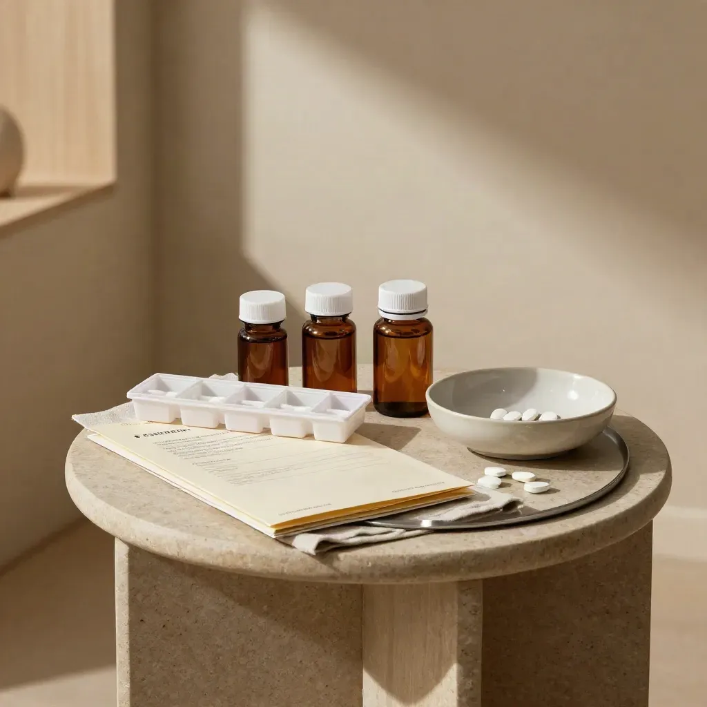 Amber medication bottles, pill organizer, referral packet and ceramic bowl on a side table.