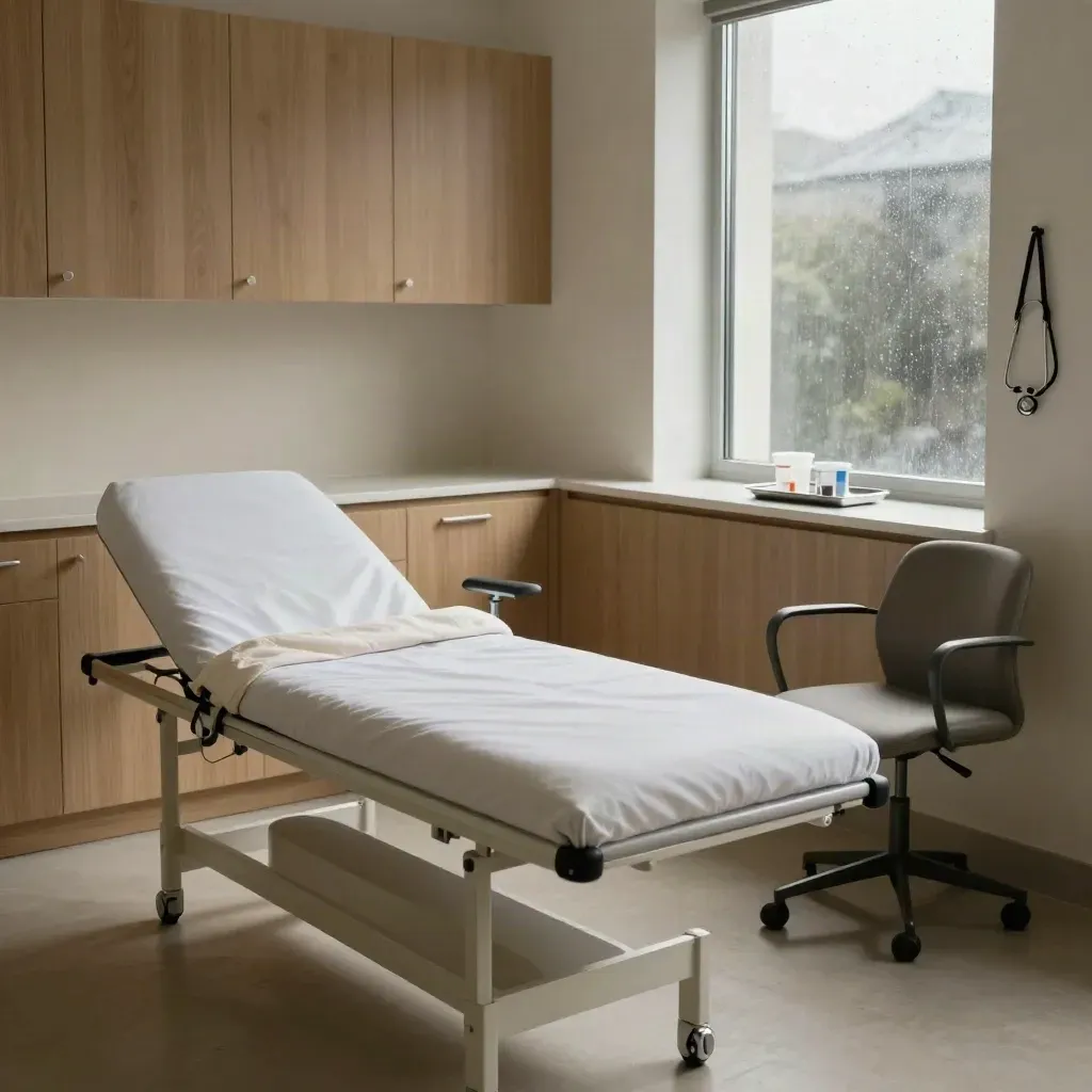 Quiet consultation room with exam bed, chair, stethoscope and sealed cups in warm window light.