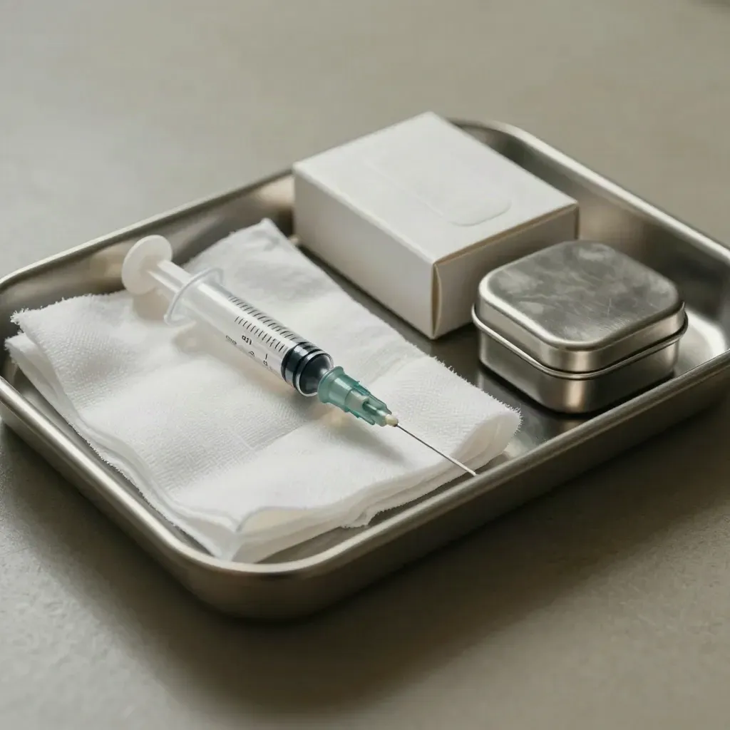 Capped syringe, gauze, swab tin and bandage box on a stainless tray in hard light.