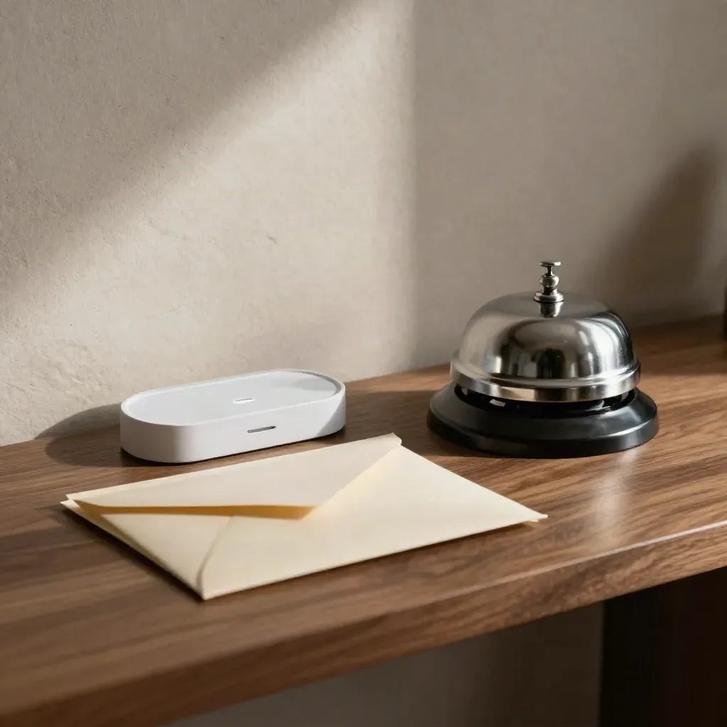 Cordless phone base, bell, cradle and sealed envelopes on a walnut shelf in a quiet medical office.