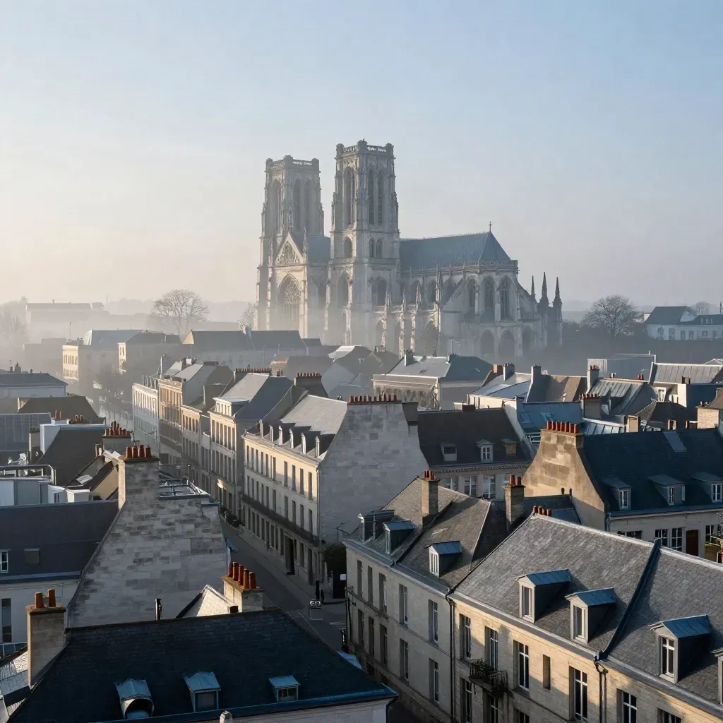 Brussels skyline in blue dawn haze with cathedral towers above pale rooftops