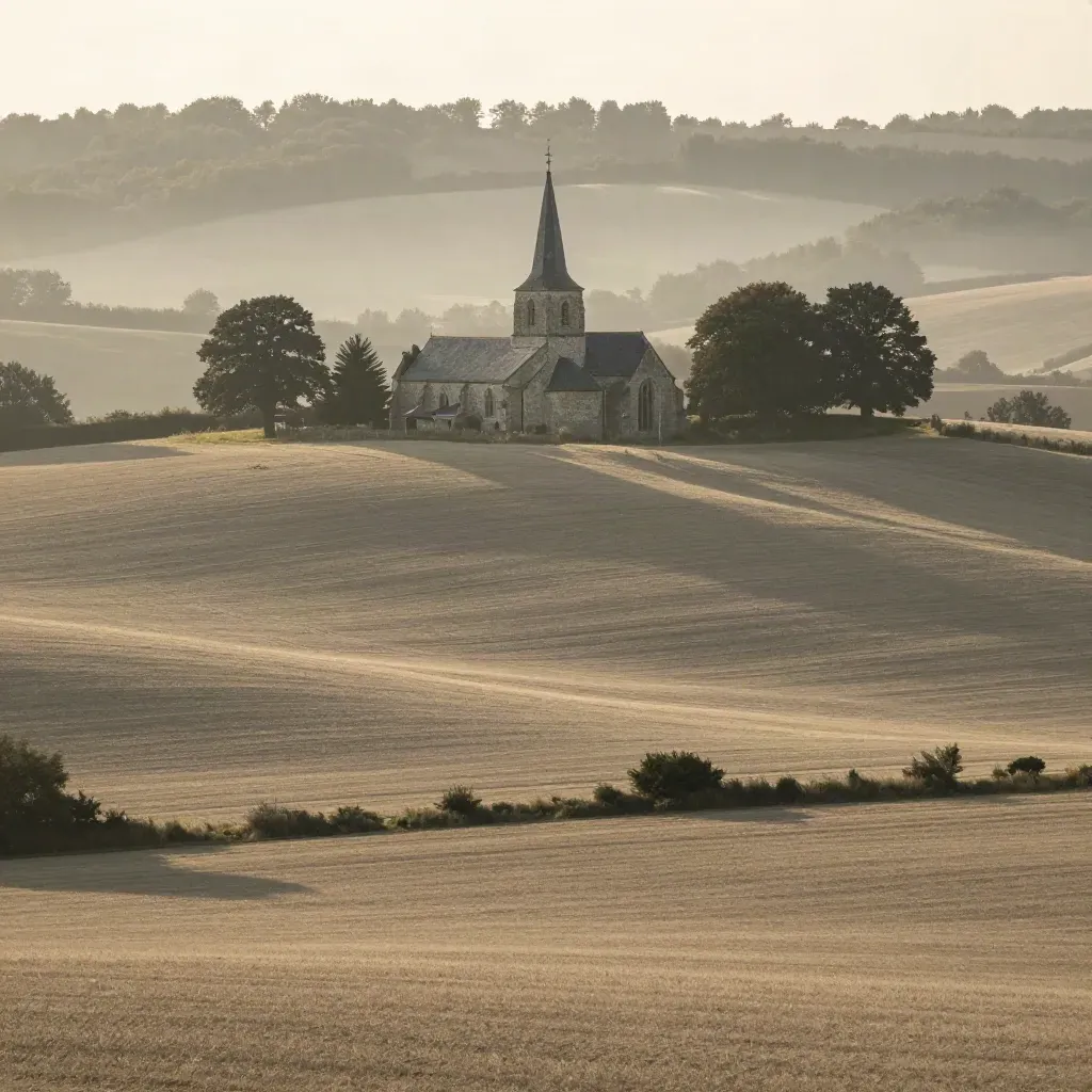 Hazy Walloon Brabant ridge with a stone church above rolling fields and a wooded valley.