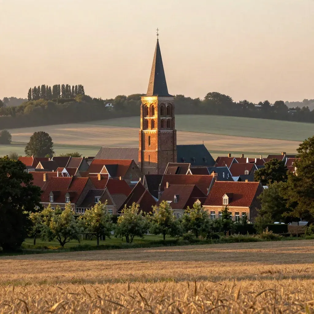 Golden-hour Flemish Brabant landscape with Leuven’s brick tower above fields and mist