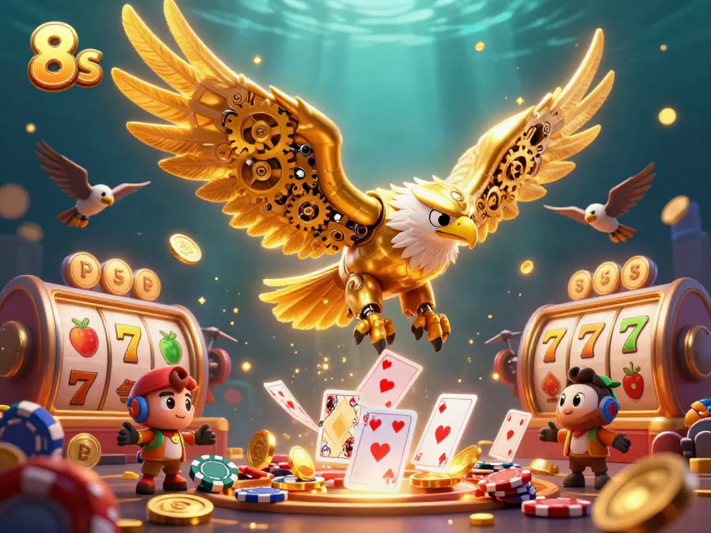 Experience the thrill of 8s with a golden eagle soaring through a dazzling casino scene filled with slots and game elements.