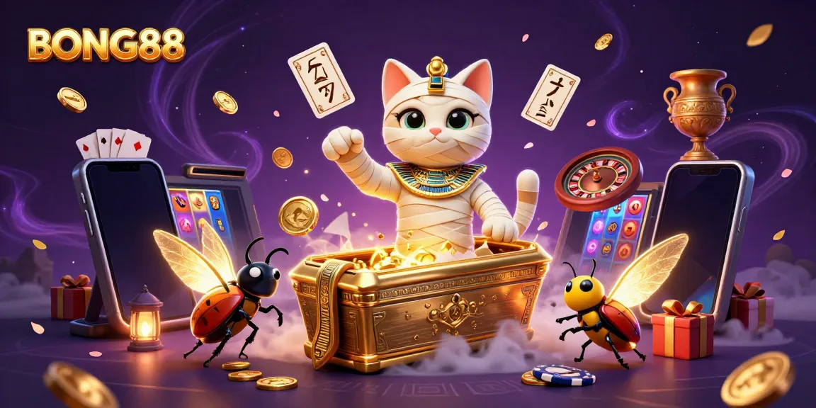 Engage with BONG88's vibrant gambling scene featuring a mummy cat and animated casino elements.