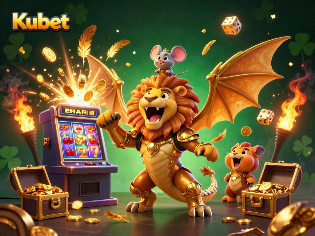 Kubet offers thrilling casino action as a golden chimera and mouse jockey bring the slots to life.