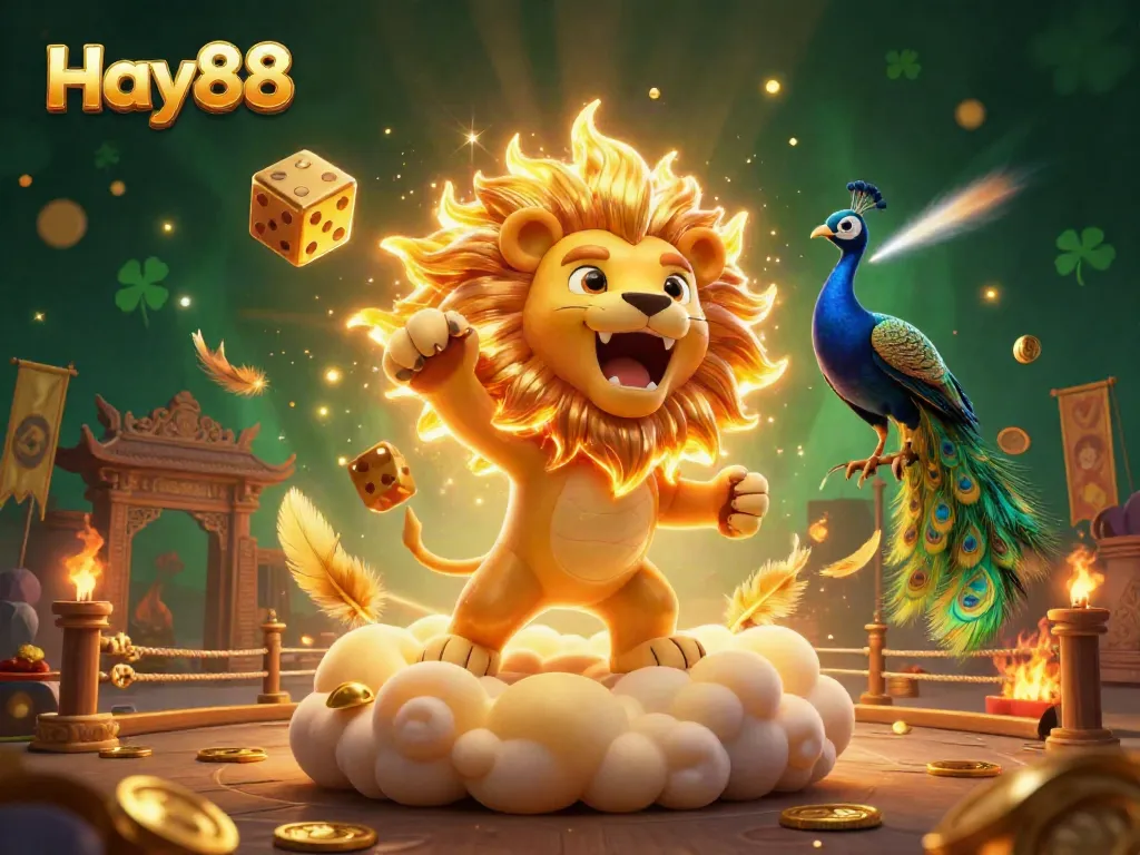 Engage with Hay88 in a vibrant casino scene showcasing the sun lion surrounded by golden game elements