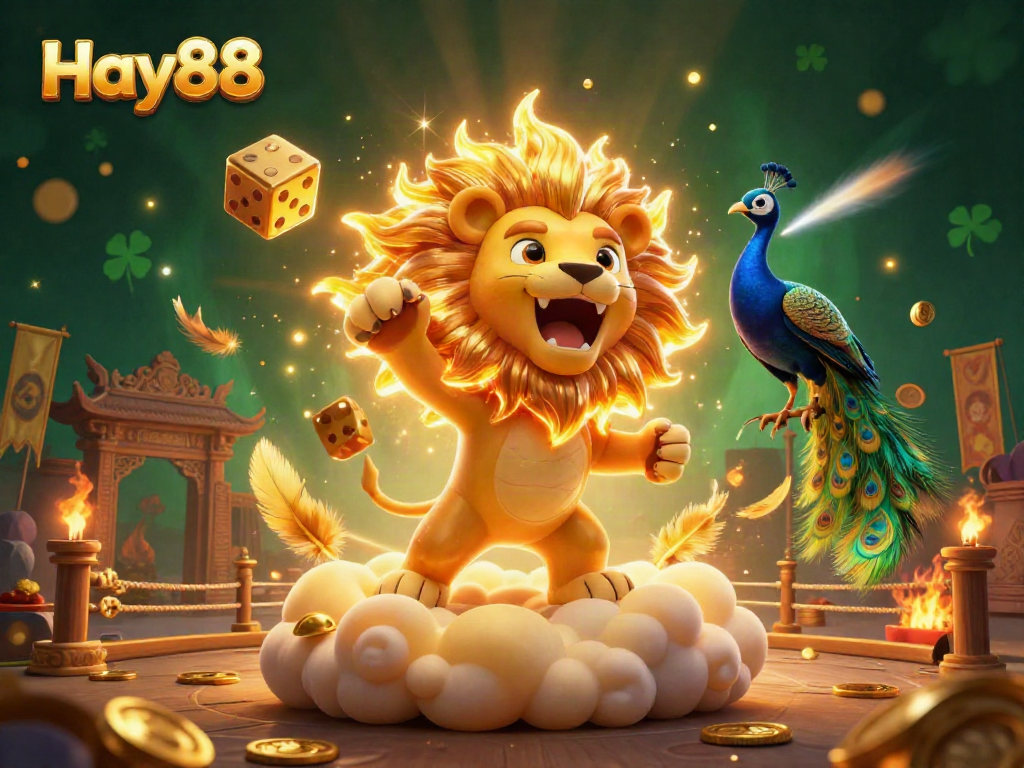 Engage with Hay88 in a vibrant casino scene showcasing the sun lion surrounded by golden game elements