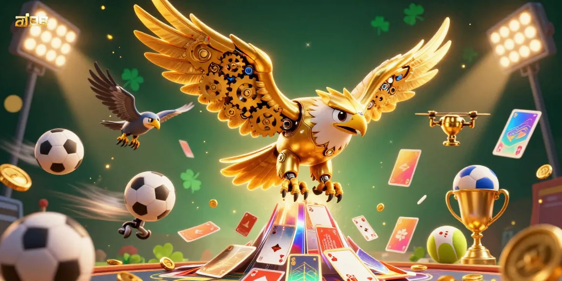 Experience ad88's thrilling casino atmosphere with a cybernetic eagle soaring through holographic cards.