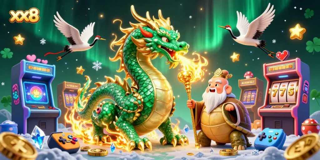 Engage with xx8 exciting gameplay featuring a jade dragon amidst vibrant casino elements and lucky symbols.
